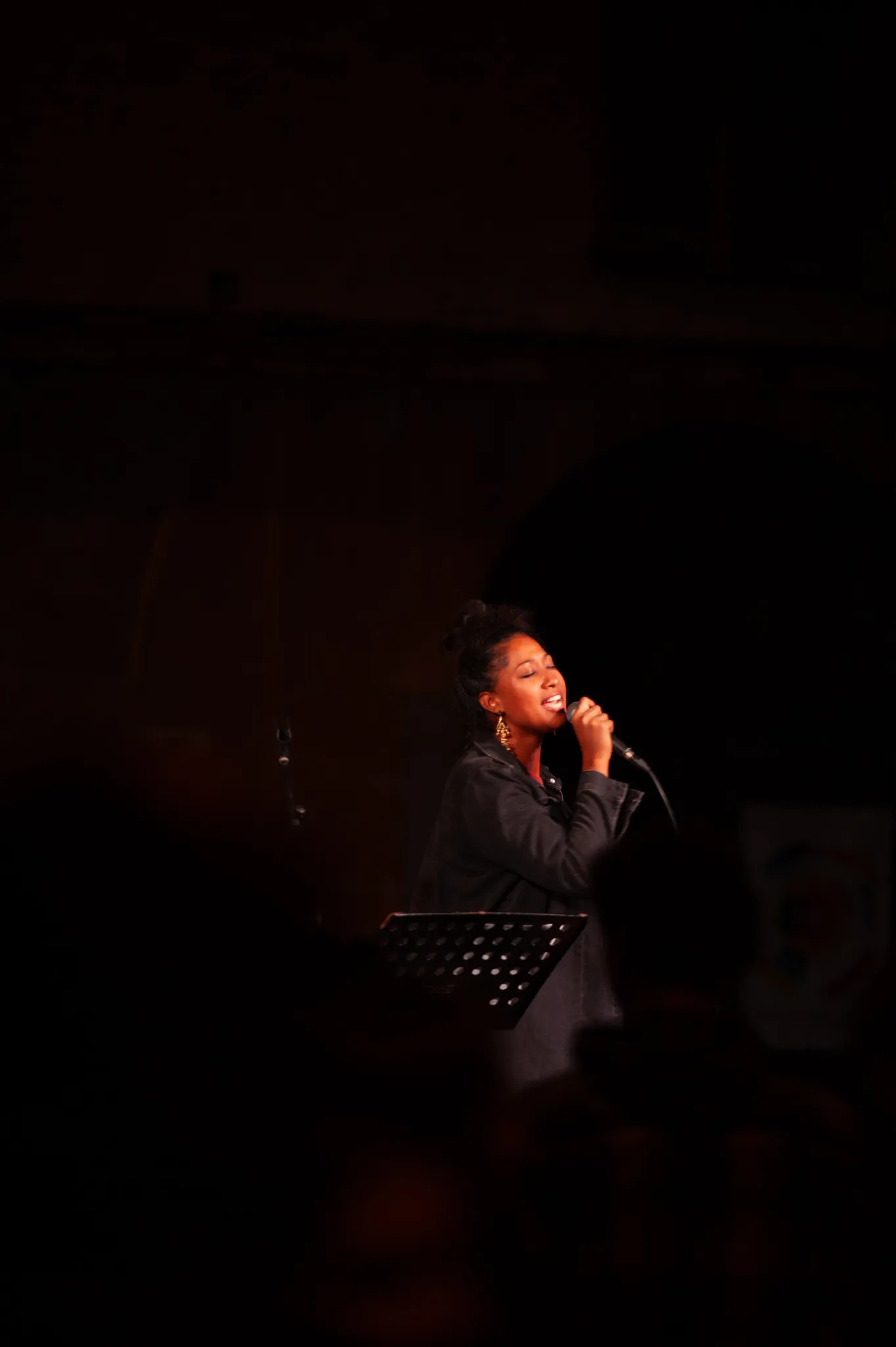 Live music performance photography of a female singer spotlighted on a dark concert stage